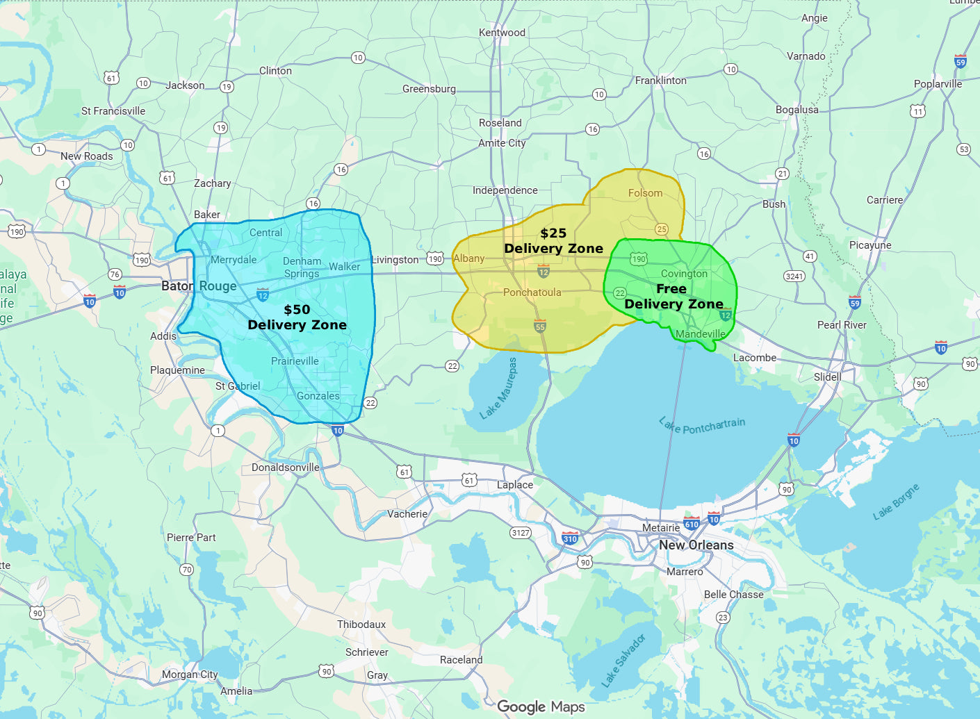 Map showing Bayou Seasonal Services pumpkin porch display delivery zones: Free Delivery in Covington and Mandeville, $25 Zone around Ponchatoula, and $50 Zone in Baton Rouge